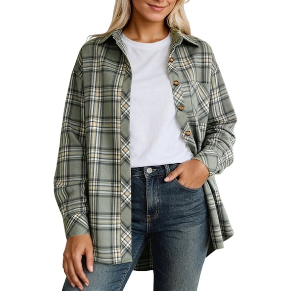 Yuanlong Womens Blouse Green Plaid Lapel Collar Long Sleeve Pocket Shirts Oversized Loose Spring Layering Wear Lady Tops
