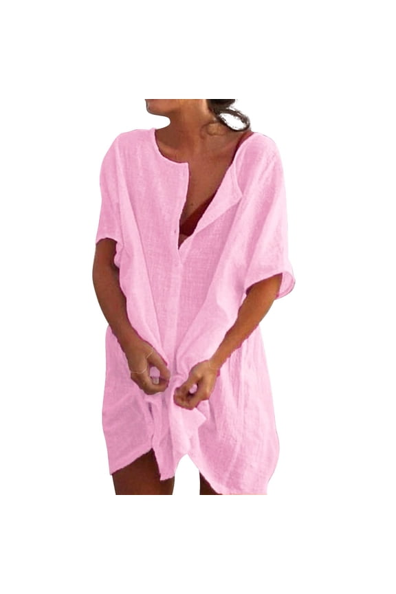 Womens Blouse Linen Crewneck Buttoned Short Sleeve Shirts Loose Spring Summer Wear Lightweight Clothes For Lady