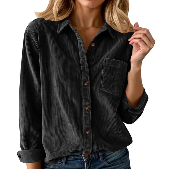 Yuanlong Womens Blouse Long Sleeve Button-Down Lapel Collar Corduroy Shirt Casual Cozy Relaxed Loose Spring Top For Lady