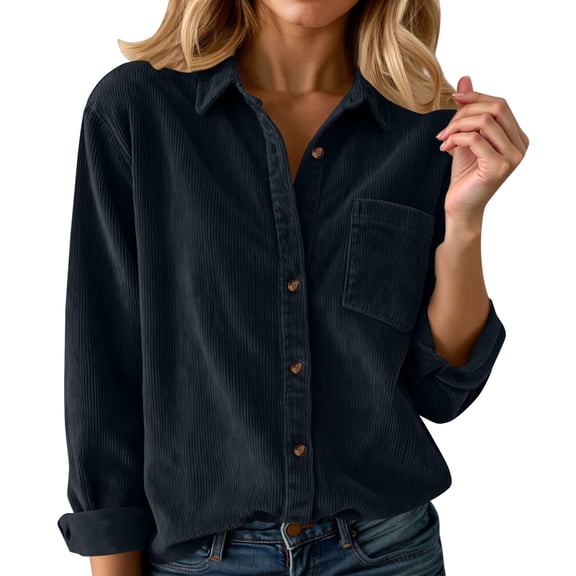 Yuanlong Womens Blouse Long Sleeve Button-Down Lapel Collar Corduroy Shirt Casual Cozy Relaxed Loose Spring Top For Lady