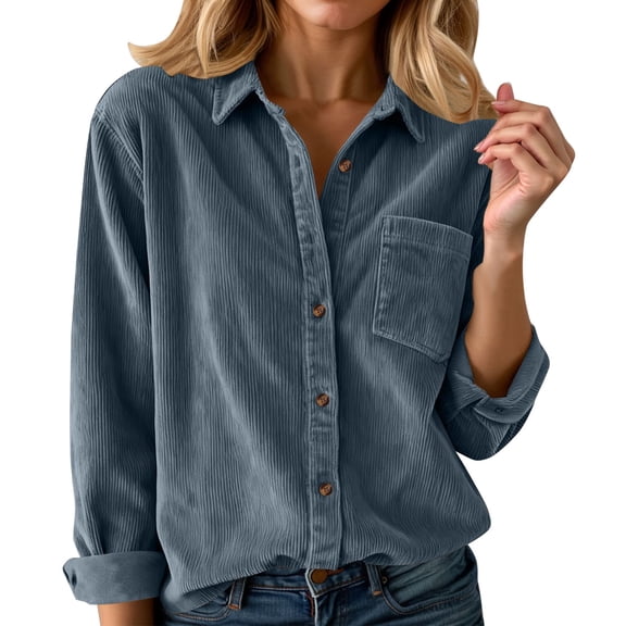 Yuanlong Womens Blouse Long Sleeve Button-Down Lapel Collar Corduroy Shirt Casual Cozy Relaxed Loose Spring Top For Lady