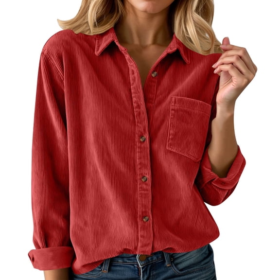 Yuanlong Womens Blouse Long Sleeve Button-Down Lapel Collar Corduroy Shirt Casual Cozy Relaxed Loose Spring Top For Lady