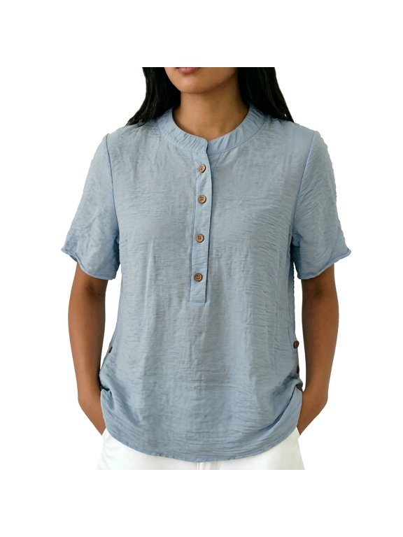 Womens Blouse Mandarin Collar Short Sleeve Side Button Shirt Cotton Lined Lightweight Loose Fit Elegant Casual Top