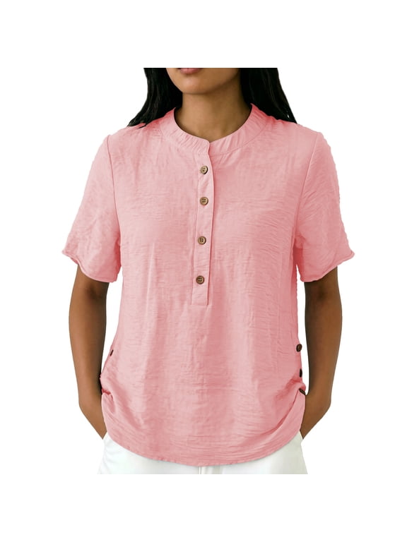 Womens Blouse Mandarin Collar Short Sleeve Side Button Shirt Cotton Lined Lightweight Loose Fit Elegant Casual Top