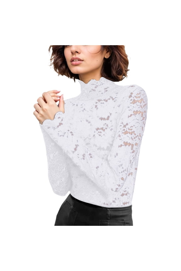 Womens Blouse Neck Floral Lace Long Sleeve Sheer Slim Blouse Feminine Layering Casual Date Night Out Elegant Top