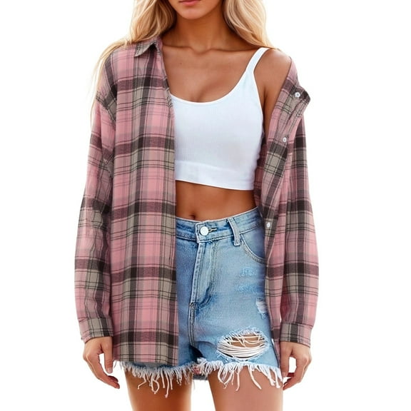 Yuanlong Womens Blouse Oversized Pink Brown Plaid Long Sleeve Buttoned Collar Shirts Spring Streetwear Outerwear Clothes