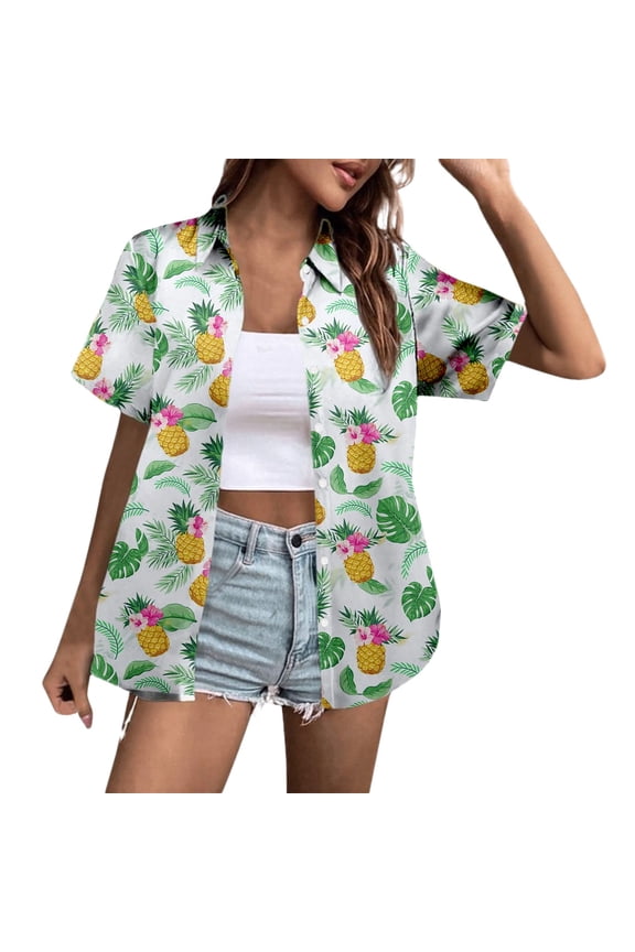 Womens Blouse Pineapple Leaf Print Short Sleeve Lapel Collar Shirts Summer Beach Lightweight Cool Tops For Lady
