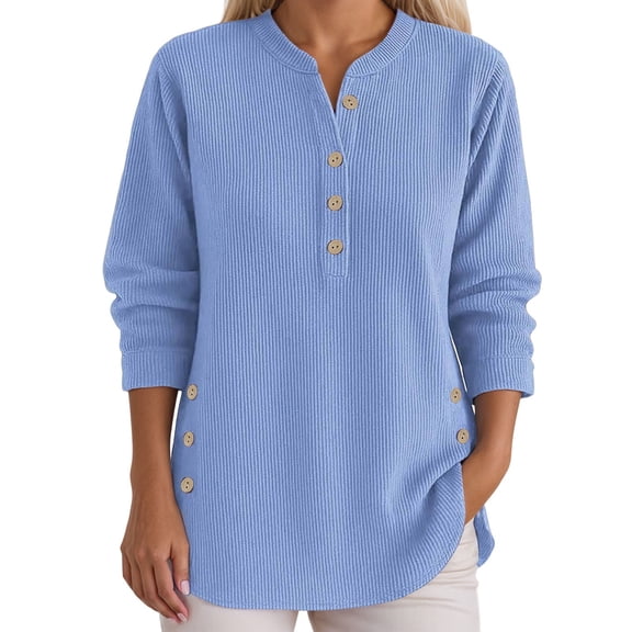 Yuanlong Womens Blouse Plain Ribbed Side Button Long Sleeve Asymmetrical Hem Shirts Comfortable Spring Daily Ladies Tops