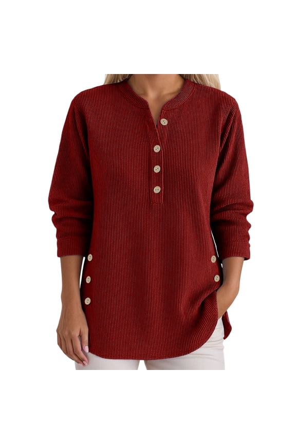 Womens Blouse Plain Ribbed Side Button Long Sleeve Asymmetrical Hem Shirts Comfortable Spring Daily Ladies Tops