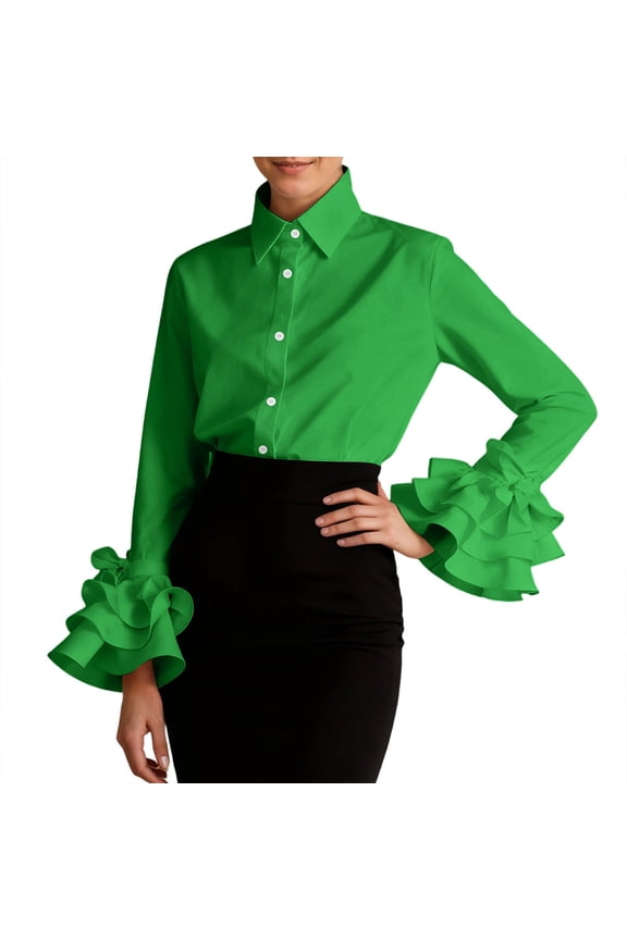 Womens Blouse Plain Ruffled Flare Cuffs Sleeve Lapel Collar Shirts Valentine'S Day Spring Formal Work Daily Tops