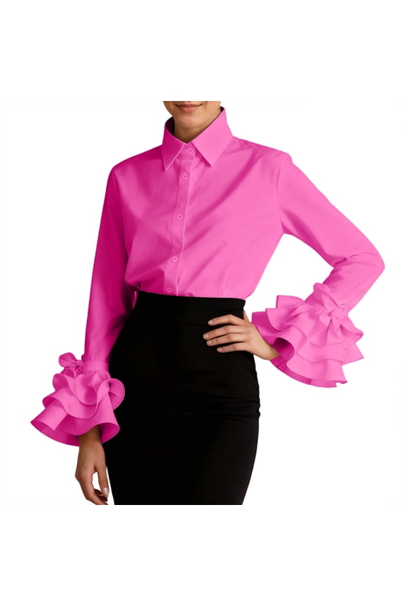 Womens Blouse Plain Ruffled Flare Cuffs Sleeve Lapel Collar Shirts Valentine'S Day Spring Formal Work Daily Tops