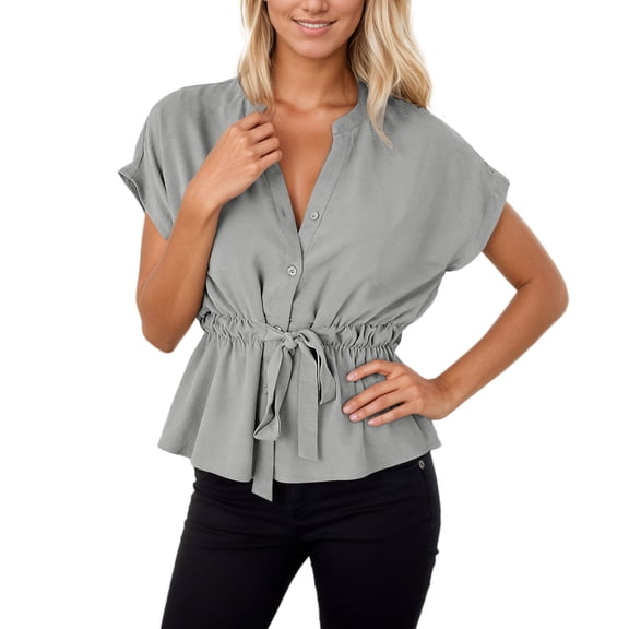 Yuanlong Womens Blouse Plain Short Sleeve Crewneck Tie Waist Peplum Hem Shirts Slim Fashionable Summer Daily Ladies Tops