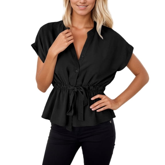 Yuanlong Womens Blouse Plain Short Sleeve Crewneck Tie Waist Peplum Hem Shirts Slim Fashionable Summer Daily Ladies Tops