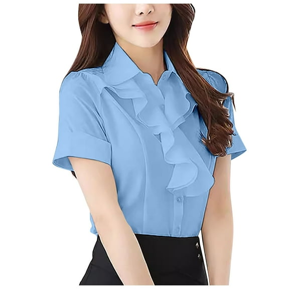 Yuanlong Womens Blouse Short Sleeve Ruffle Detail Button-Down Collared Shirt Tops Lightweight Work Daily Elegant Clothes