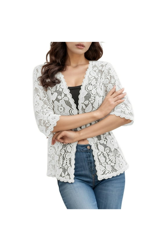 Womens Blouse Solid Lace Half Sleeve Open Front Cardigan Shirts Sheer Floral Pattern Lightweight Work Stylish Tops