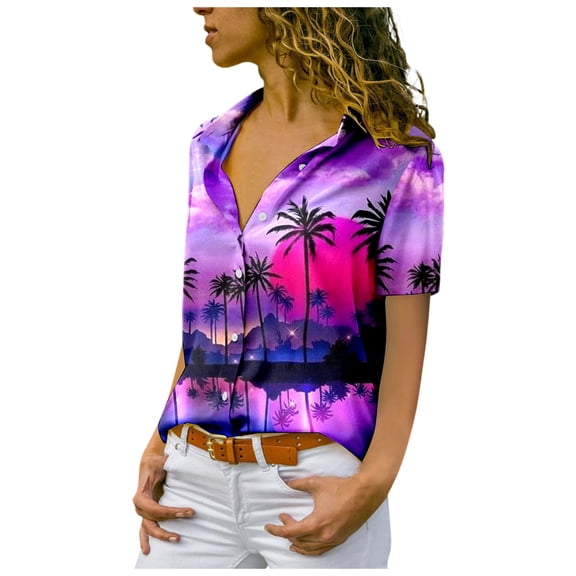 Yuanlong Womens Blouse Summer Coconut Sunset Print Short Sleeve Lapel Collar Shirt Tropical Beach Holiday Lightweight Tops