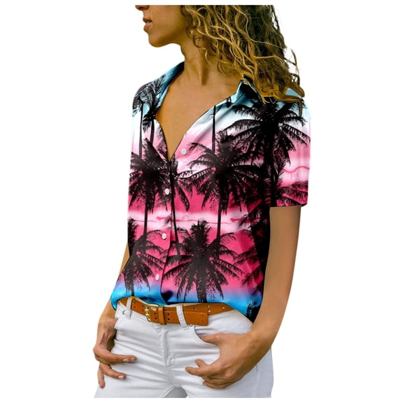 Yuanlong Womens Blouse Summer Coconut Sunset Print Short Sleeve Lapel Collar Shirt Tropical Beach Holiday Lightweight Tops