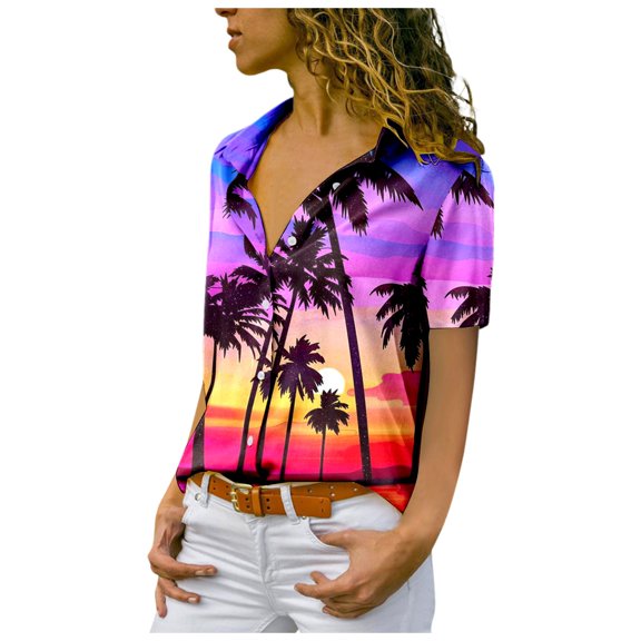Yuanlong Womens Blouse Summer Coconut Sunset Print Short Sleeve Lapel Collar Shirt Tropical Beach Holiday Lightweight Tops