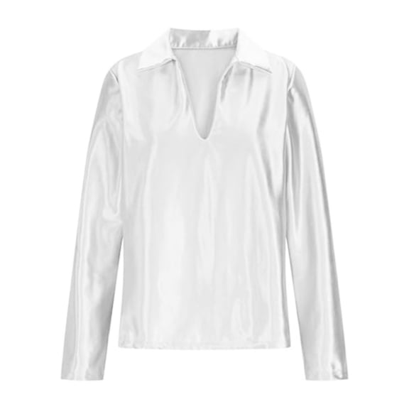 Yuanlong Womens Blouse White Long Sleeve V-Neck Collared Shirts Sleek Formal Work Party Minimalist Elegant Daily Lady Tops