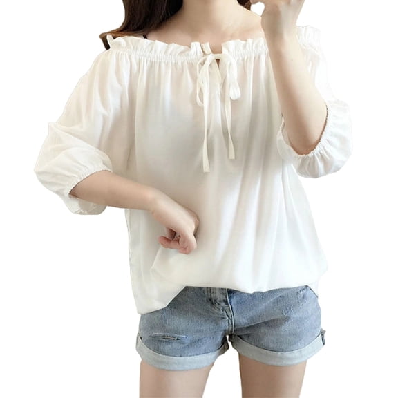 Yuanlong Womens Blouse White Off-Shoulder Tie Front Puff 3/4 Sleeve Shirts Flowy Spring Summer Valentine Date Lady Clothes