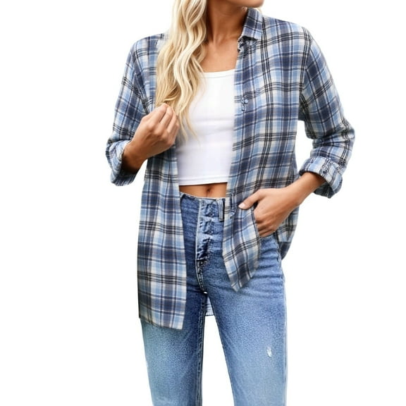 Yuanlong Womens Blouses Plus Size Blue Plaid Shirts For Women Long Sleeve Button Down Shirts Daily Casual Cozy Blouse Tops