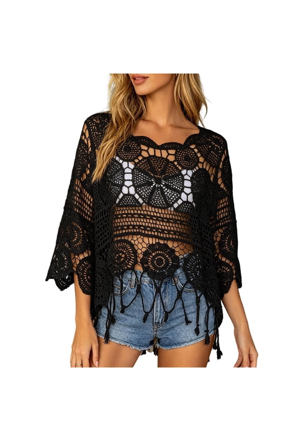Womens Boho Tshirts Hollow Out Scallop Neck 3/4 Sleeve Tee Fringe Hem Flowy Loose Stylish Breathable Beach Cover Up Top