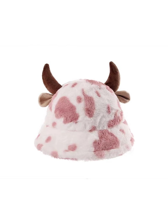 Womens Bucket Hat Cow Print Fuzzy Plush Winter Hat With 3D Ears Cute Warm Windproof Soft Fluffy Casual Street Headwear