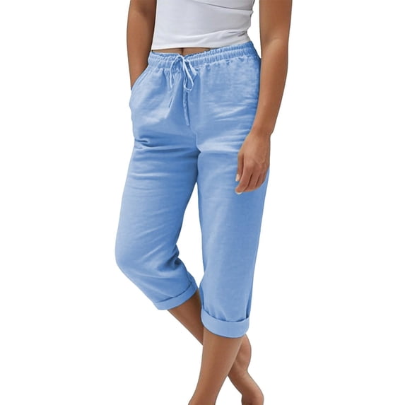 Yuanlong Womens Capri Pants High-Rise Elastic Waist Drawstring Cropped Trousers Lightweight Summer Loose Fit Lounge Casual Pants