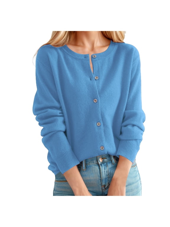 Womens Cardigan Long Sleeve Solid Color Button Front Outwear Sweater Autumn Spring Midweight Coat Sizes S-XXL
