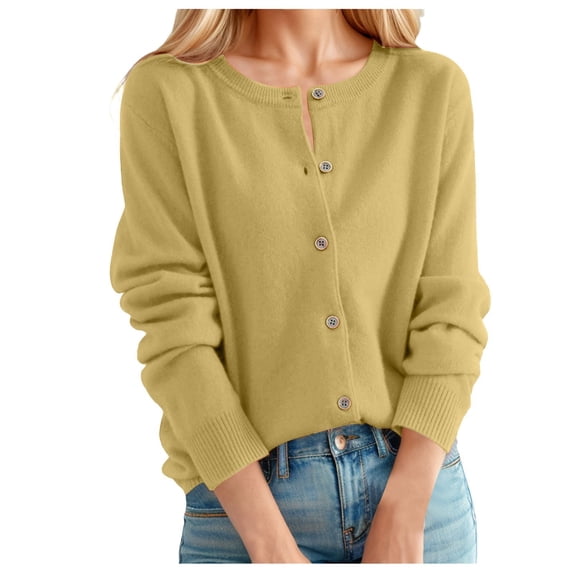 Yuanlong Womens Cardigans Classic Plain Long Sleeve Crew Neck Button Front Open Knitwear Spring Autumn Cardigan Sweater