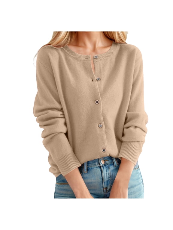 Womens Cardigans Classic Plain Long Sleeve Crew Neck Button Front Open Knitwear Spring Autumn Cardigan Sweater
