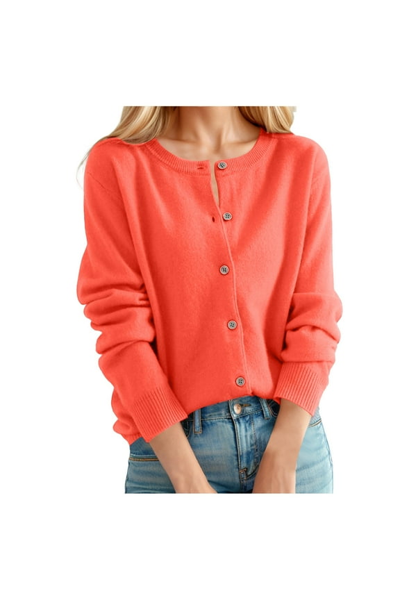 Womens Cardigans Classic Plain Long Sleeve Crew Neck Button Front Open Knitwear Spring Autumn Cardigan Sweater