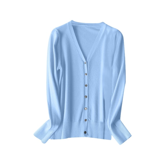 Yuanlong Womens Cardigans Long Sleeve Ribbed Cuffs And Hem Solid V-Neck Knitted Cardigan Spring Fall Outwear Thin Sweater