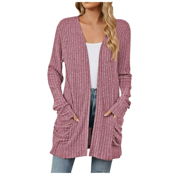 Yuanlong Womens Cardigans Spring Long Plain Full Sleeve Open Front Knitted Cardigan Casual Outwear Sweater With Pockets
