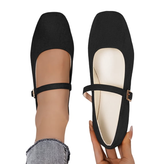 Yuanlong Womens Casual Shoes Solid Color Buckle Strap Ballet Flats With Square Toe Comfortable Footwear