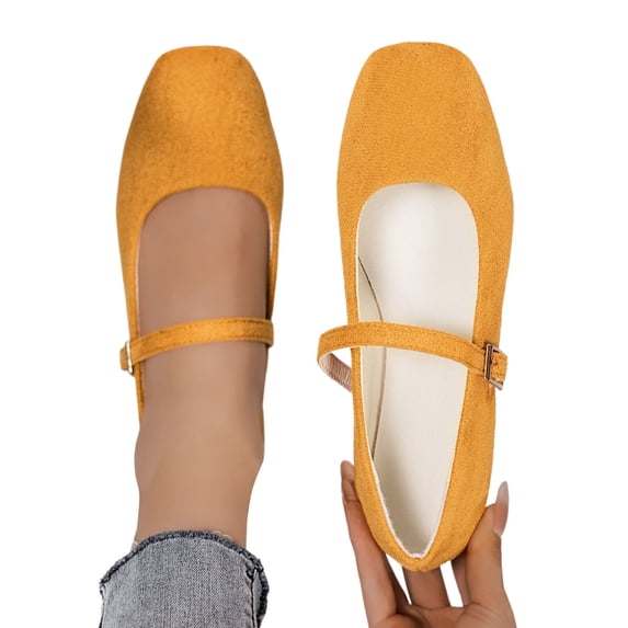 Yuanlong Womens Casual Shoes Solid Color Buckle Strap Ballet Flats With Square Toe Comfortable Footwear