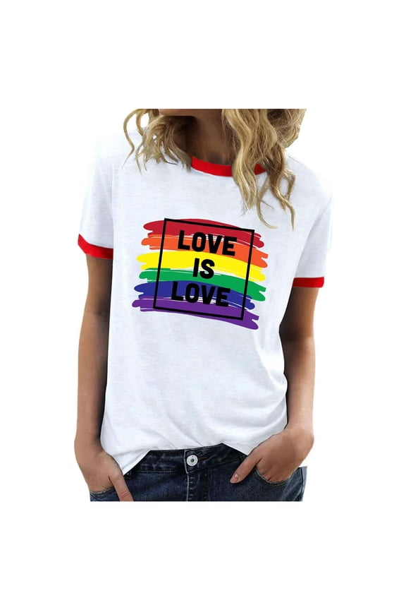 Womens Classic Ringer T Shirt Rainbow Graphic Crew Neck Short Sleeve Tee Soft Loose Casual Daily Stylish Street Top