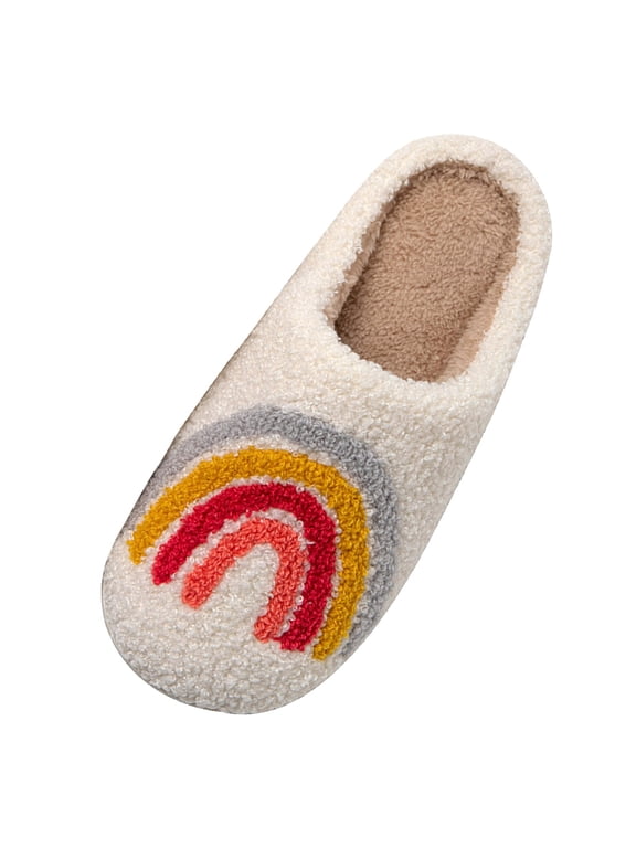 Womens Clog Slippers Cute Rainbow Graphic Open Back Slip On House Slippers Winter Fuzzy Plush Cozy Home Slippers