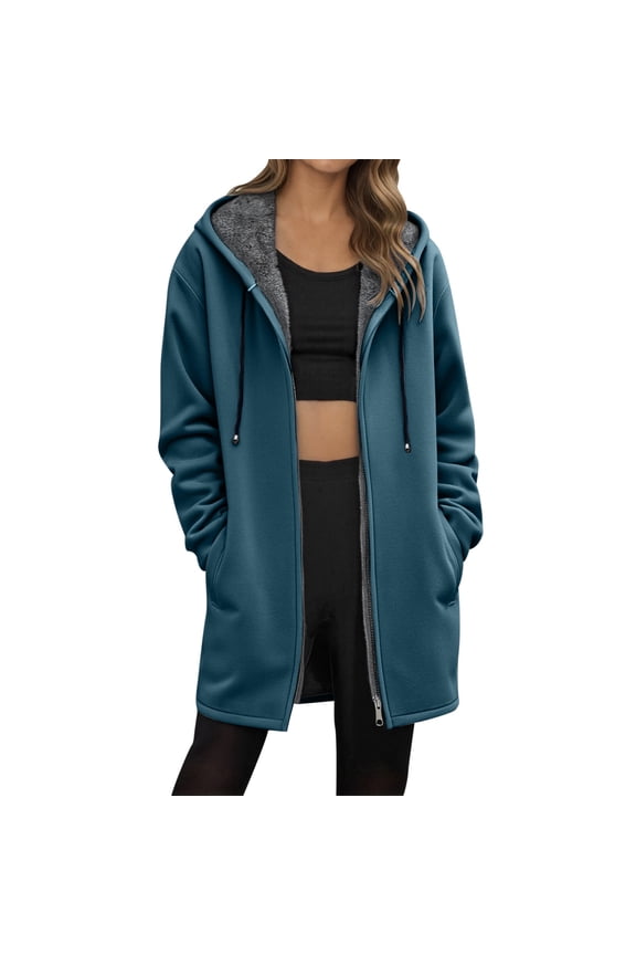 Womens Coats Autumn Winter Solid Middle Length Fuzzy Lined Zipper Jacket Outwear Streetwear Basic Warm Overcoat