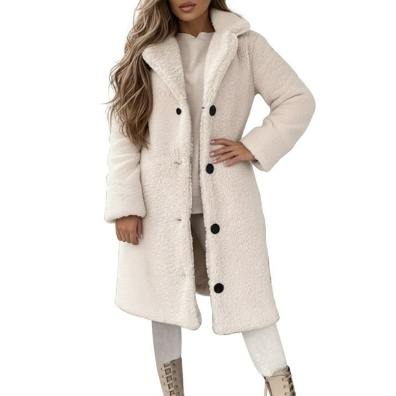 Yuanlong Womens Coats Winter Long Sleeve Button Front Plain Turn-Down Collar Plush Coat Daily Warm Soft Outerwear Jacket