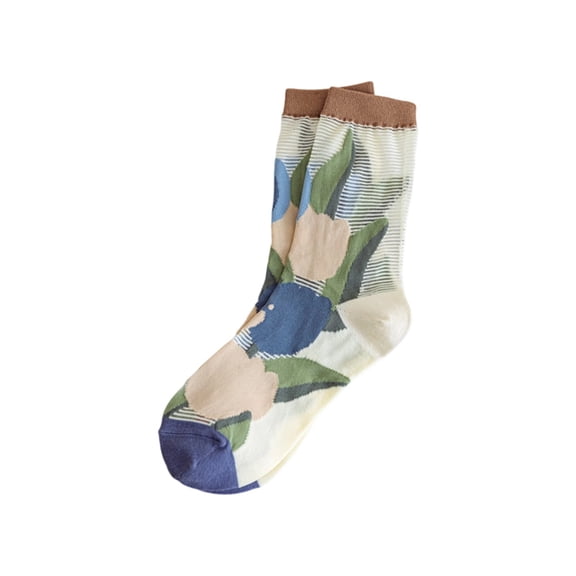 Yuanlong Womens Crew Socks Floral Print Striped Thin Mesh Mid-Calf Socks Spring Summer Hosiery Breathable Soft Lady Socks