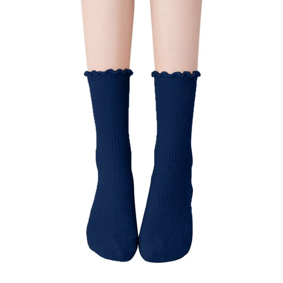 Yuanlong Womens Crew Socks Scalloped Elegant Ribbed Stockings Solid Color Daily Classic Hosiery