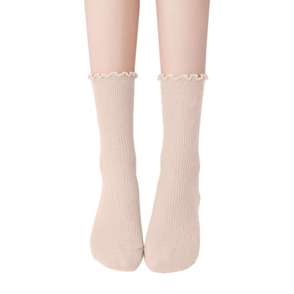 Yuanlong Womens Crew Socks Scalloped Elegant Ribbed Stockings Solid Color Daily Classic Hosiery