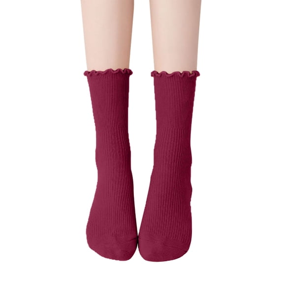 Yuanlong Womens Crew Socks Scalloped Elegant Ribbed Stockings Solid Color Daily Classic Hosiery