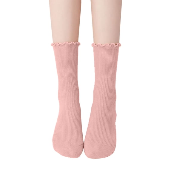 Yuanlong Womens Crew Socks Scalloped Elegant Ribbed Stockings Solid Color Daily Classic Hosiery