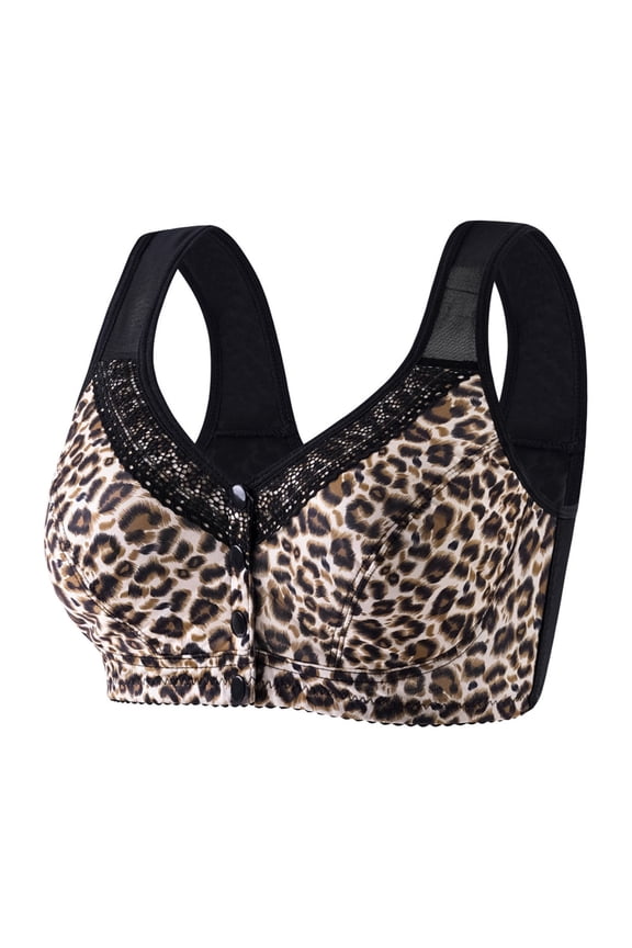 Womens Daisy Bra Front Button Closure Easy On Leopard Print Wireless Shaping Bra Lightly Lined Comfort Senior Bra