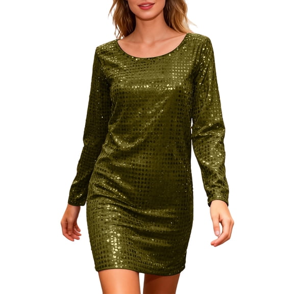 Yuanlong Womens Dresses Sequin Crew Neck Long Sleeves Fitted Dress Carnival Holiday & Spring Gatherings Shimmery Outfits