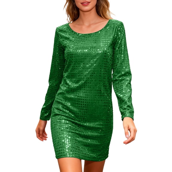 Yuanlong Womens Dresses Sequin Crew Neck Long Sleeves Fitted Dress Carnival Holiday & Spring Gatherings Shimmery Outfits