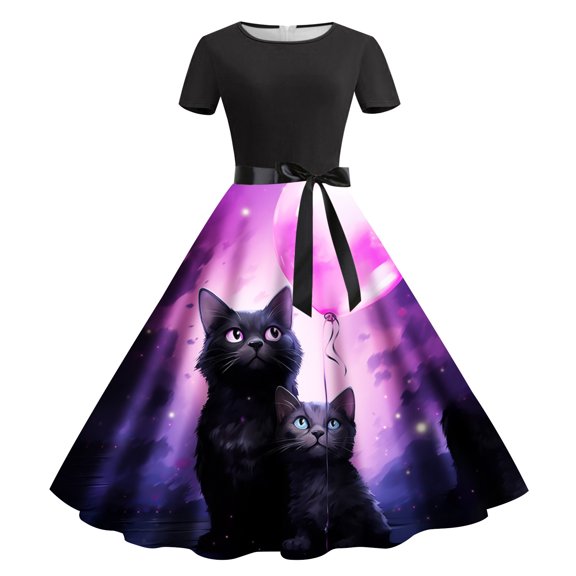 Yuanlong Womens Dresses Short Sleeve Belted Cat Heart Balloon Printed Midi Gown Valentine & Spring Relaxed Outings Skirts