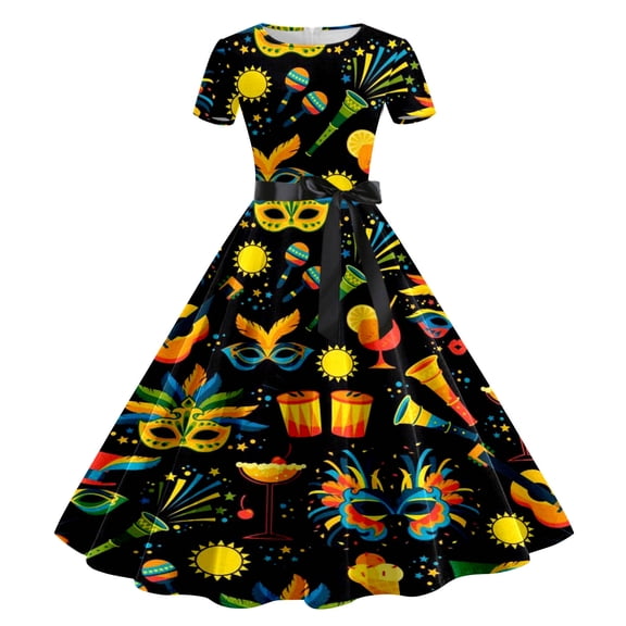 Yuanlong Womens Dresses Short Sleeve Feather Mask Printed Belted Midi Gown Carnival Joyful & Spring Summer Fashion Skirts